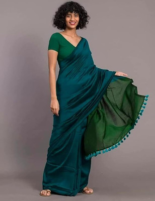 STRADHA Solid/Plain Handloom Cotton Blend Saree(Green)