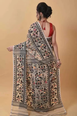 M STORE Self Design Jamdani Cotton Silk Saree(Cream)
