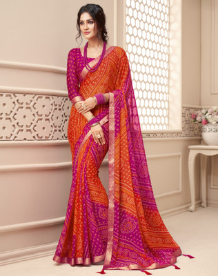 SIRIL Printed Bandhani Chiffon Saree(Pink, Orange)
