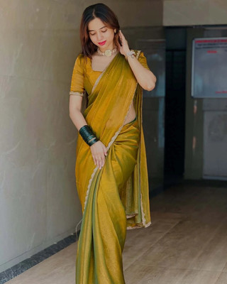 Croza Solid/Plain Bollywood Organza, Pure Silk Saree(Mustard)