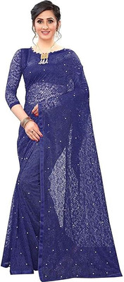 Vragi Floral Print Bollywood Net Saree(Dark Blue)