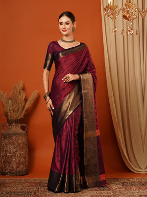 yourwish Woven, Self Design, Embellished Bollywood Cotton Silk, Jacquard Saree(Red, Black, Gold)