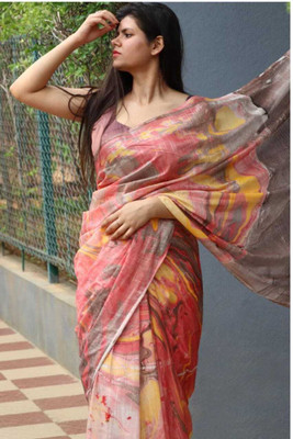 Luxury Silk Printed Bhagalpuri Handloom Cotton Blend Saree(Red)