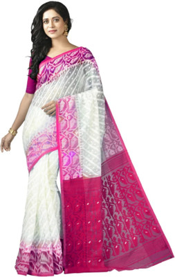Revival Printed Jamdani Cotton Blend Saree(White, Pink)