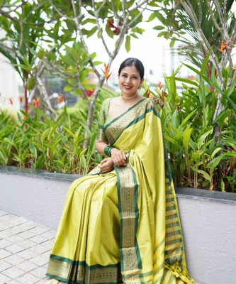 SHREE GHANSHYAM FASHION Woven, Self Design, Embellished, Solid/Plain, Striped Kanjivaram Cotton Silk Saree(Green)