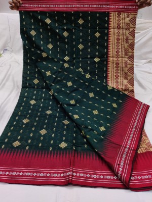 Sijileen Woven, Temple Border Sambalpuri Cotton Blend Saree(Dark Green)