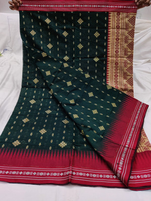 Sijileen Woven, Temple Border Sambalpuri Cotton Blend Saree(Dark Green)