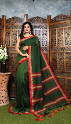 nebadita Temple Border Manipuri Cotton Linen Saree(Dark Green)