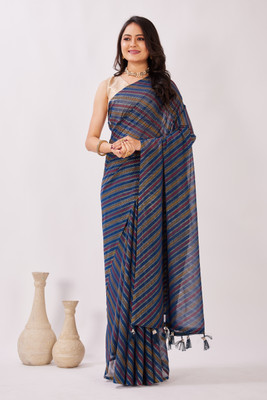 PIYA DESIGNER Printed, Striped Leheria Georgette Saree(Light Blue)