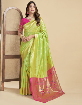 Samah Dyed, Woven, Self Design Banarasi Silk Blend Saree(Light Green, Gold)