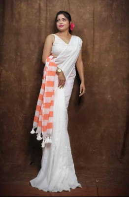 MJ TEXTILE Solid/Plain Handloom Khadi, Pure Cotton Saree(Orange, White)