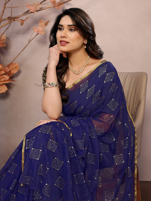 JiproStore Printed Bollywood Georgette, Chiffon Saree(Dark Blue)