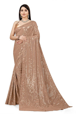 FAMOUS ZONE Self Design, Solid/Plain Bollywood Georgette Saree(Beige)