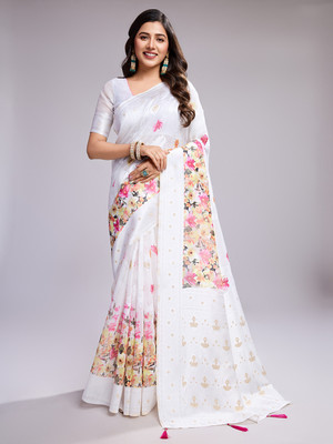 SHRIMAY Floral Print Bollywood Pure Silk Saree(Multicolor, White)