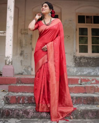 Vichitra Embroidered Chanderi Pure Silk Saree(Red)
