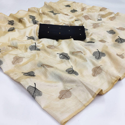 Peachmode Embroidered Bollywood Silk Blend Saree(Cream)