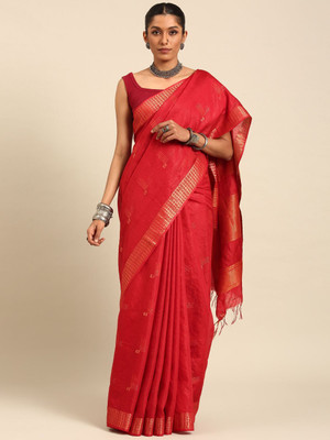 Taavi Self Design Handloom Silk Blend Saree(Red)