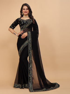 Tejal Creation Self Design Bollywood Georgette Saree(Black)