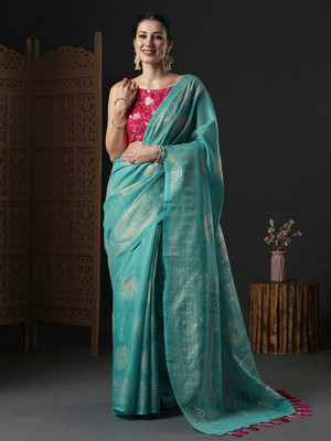 ANOUK Printed Banarasi Cotton Blend Saree(Blue)