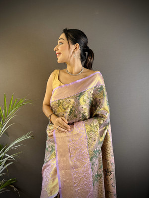 SHARDHA FASHION Woven, Embroidered, Embellished Banarasi Pure Silk Saree(Black, Yellow, Purple, Multicolor)