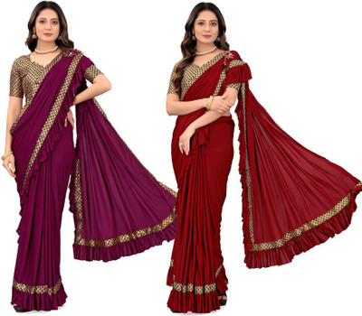 HARIOM FASHION Solid/Plain Bollywood Lycra Blend Saree(Pack of 2, Multicolor)