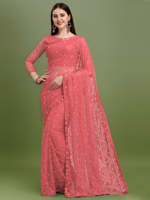 LOROFY Self Design Bollywood Net Saree(Red)