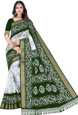 RJ CREATION Printed Gadwal Pure Cotton Saree(Green, White)