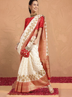 House of Pataudi Printed Daily Wear Silk Blend Saree(Cream, Red)