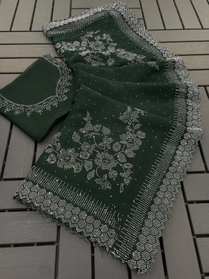 JENNYFEB Embellished Bollywood Organza Saree(Green)