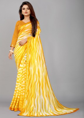 For And Ever Printed Leheria Georgette, Chiffon Saree(Yellow)