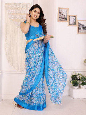 RAJESHWAR FASHION Floral Print, Printed Daily Wear Chiffon Saree(Light Blue)