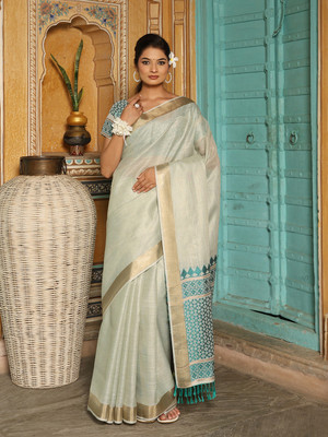 Tasrika Woven Chanderi Linen Saree(Green)