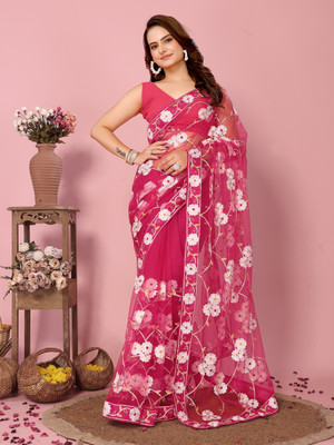bal krishna Floral Print Leheria Net Saree(Pink)
