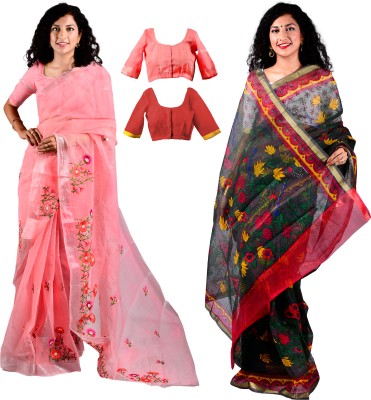 sarvagya enterprises Embroidered, Floral Print Kota Doria Cotton Blend Saree(Pack of 2, Red, Multicolor)