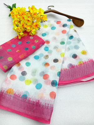 HouseOfCommon Printed Kanjivaram Linen, Cotton Linen Saree(White, Pink)