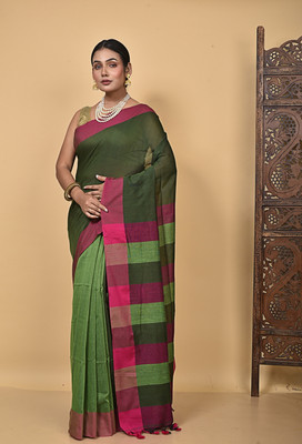 Tantikatha Woven Handloom Cotton Blend Saree(Dark Green)