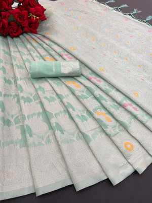 Clothestic Floral Print, Woven Kanjivaram Cotton Linen Saree(Light Green)