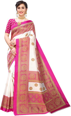 HouseOfCommon Printed Mysore Art Silk Saree(White, Pink)