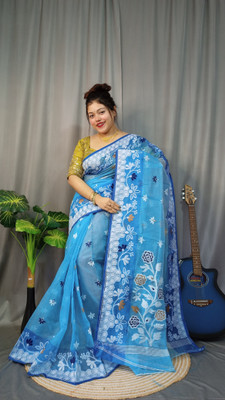 Rnn Saree Embroidered Jamdani Cotton Silk Saree(Light Blue, White)