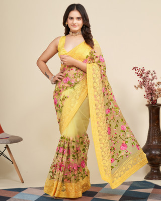 Sasta Bazar Embroidered Bollywood Net Saree(Yellow)