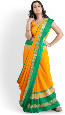 ParshviFashion Woven, Printed Narayanpet Cotton Silk Saree(Yellow, Green)