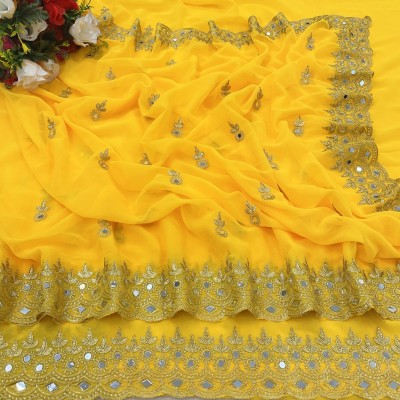 NERTA BOUTIQUE Self Design, Embroidered Bollywood Georgette Saree(Yellow)