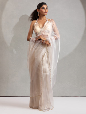 Sareemall Solid/Plain Bollywood Organza Saree(White)