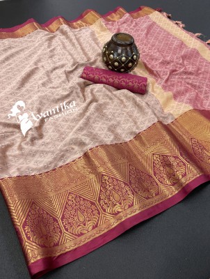 AVANTIKA FASHION Printed, Temple Border, Woven, Embellished Banarasi Art Silk, Cotton Silk Saree(Cream, Pink)