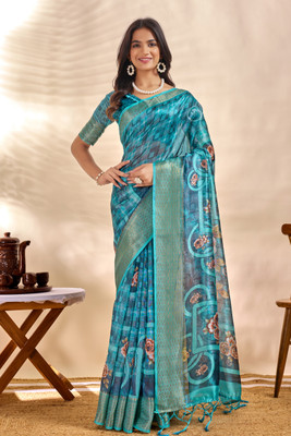 NENU FASHEN Digital Print, Floral Print, Geometric Print, Printed Bollywood Silk Blend Saree(Blue)