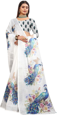 M MAANVIT Printed Kanjivaram Pure Cotton, Cotton Linen Saree(White, Blue)