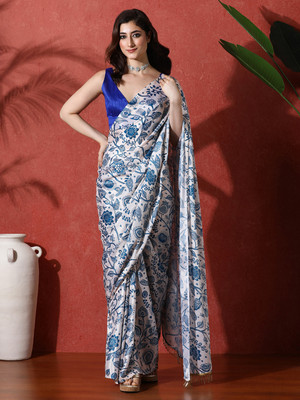 Sangria Printed Saree with Attached Blouse Satin Saree(Blue)