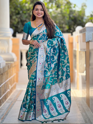 Nayanthara Trends Printed Banarasi Silk Blend Saree(Blue)