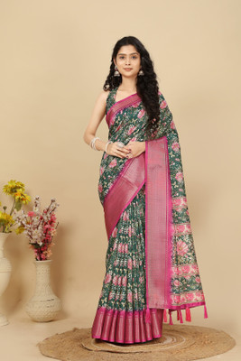 J6 Designers Self Design, Checkered, Printed Madhubani Cotton Silk Saree(Green)