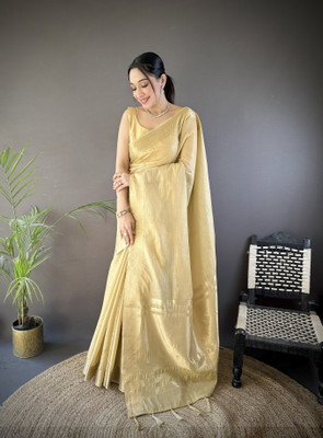 SHARDHA FASHION Woven, Self Design Banarasi Pure Silk, Tissue Saree(Black, Yellow, Multicolor)